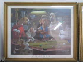 Four Arthur Sarnoff prints of dogs playing billiards - framed - approx 55cm x 45cm