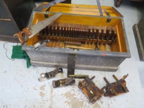 A 19th century pine carpenters toolbox with a good selection of moulding planes stamped H Wallis -