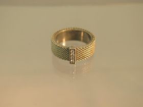 A silver Tiffany style mesh ring with diamonds - ring size N