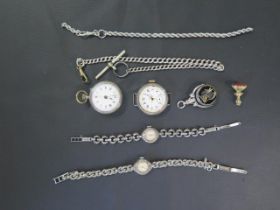 Two silver and marcasite ladies watches, a silver cased wristwatch and fob watch with silver watch