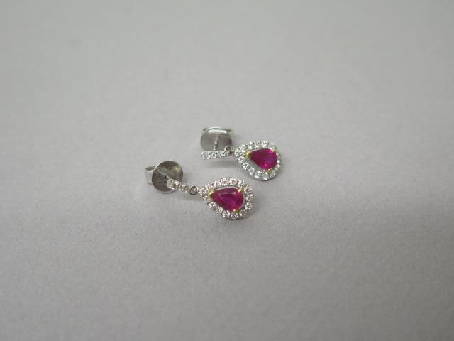 A pair of ruby and diamond cluster drop earrings in 18ct white gold (hallmarked) - approx 1.8cm - - Image 2 of 2