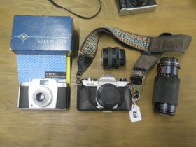 Assorted cameras and accessories - Pentax K1000 (working) with additional wide lens and an Agfa
