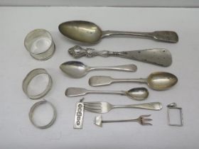 Assorted silver items (hallmarked) spoons, ingot, napkin rings etc