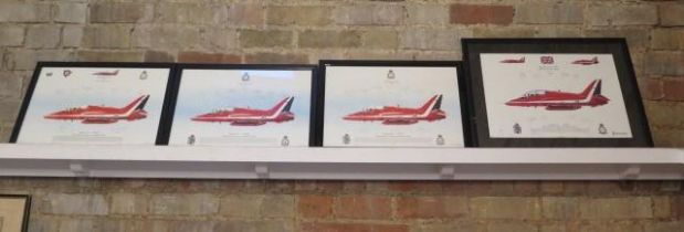 Four red arrow signed year prints in black frames signed by teams