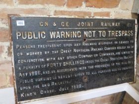 GN & GE (Great Northern & Great Eastern) 'Public Warning Not To Trespass' original cast iron sign as