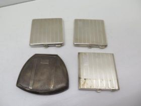 Three silver powder compacts - approx 7cm x 7cm - with another