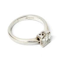 A good square cut diamond solitaire ring - diamond approx 1ct - set in platinum - ring size L -