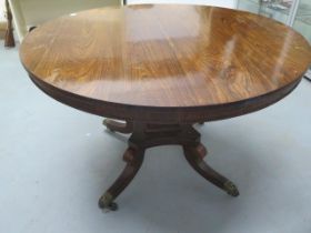 A Regency period rosewood circular tilt top dining table - Diameter 115cm - on four out swept legs
