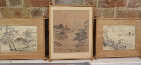 Three signed Japanese watercolours - the larger one is on silk, 42cm x 34cm - the other two 40cm x