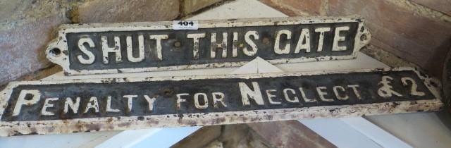 Two LNER Railway matching cast iron signs for 'Shut This Gate' and 'Penalty For Neglect £2'