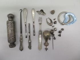 Assorted silver items including bottle, stopper and babies rattle