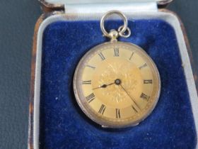 A 14ct gold open face key wound pocket watch - the 35mm gilt dial with Roman numerals, finely