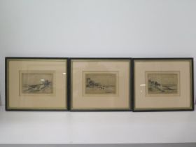 Three framed pen and ink drawings of Brighton scenes, F. Robson - frames approx 32cm x 27cm -