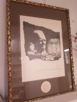 A lithograph of Winston Churchill signed Sarah Churchill in a gilt frame - 98cm x 74cm