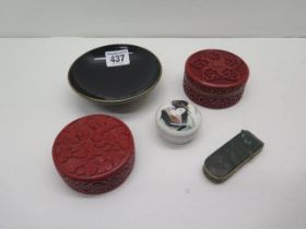 Mixed Oriental items - A white metal mounted Jadeite/Nephrite vesta case - approx 7cm - a Cinnabar