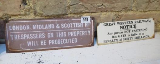 Two small reproduction railway signs for 'Great Western Railway Notice Any Person' and 'London,