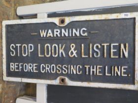 Southern Railway 'Warning - Stop Look & Listen Before Crossing The Line' original cast iron sign -