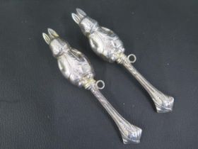 A pair of charming sterling silver babies rattles modelled as rabbits S & Co Birmingham - approx