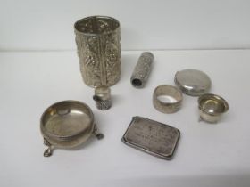 Silver items to include beaker, salt, card case, napkin ring - total weight approx 10 troy oz