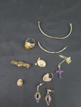 A selection of 9ct gold to include a pair of amethyst earrings and cross pendant, Victorian