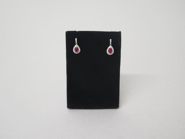 A pair of ruby and diamond cluster drop earrings in 18ct white gold (hallmarked) - approx 1.8cm -