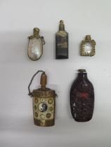 Five scent bottles including horn and bone, smallest approx 3.5cm, largest approx 8cm