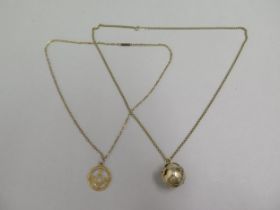 A Masonic puzzle ball pendant on 9ct gold chain together with a 9ct rose gold Masonic pendant on