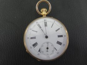 An 18ct gold open face keyless pocket watch - the 40mm dial with Roman numerals, seconds subsidiary,