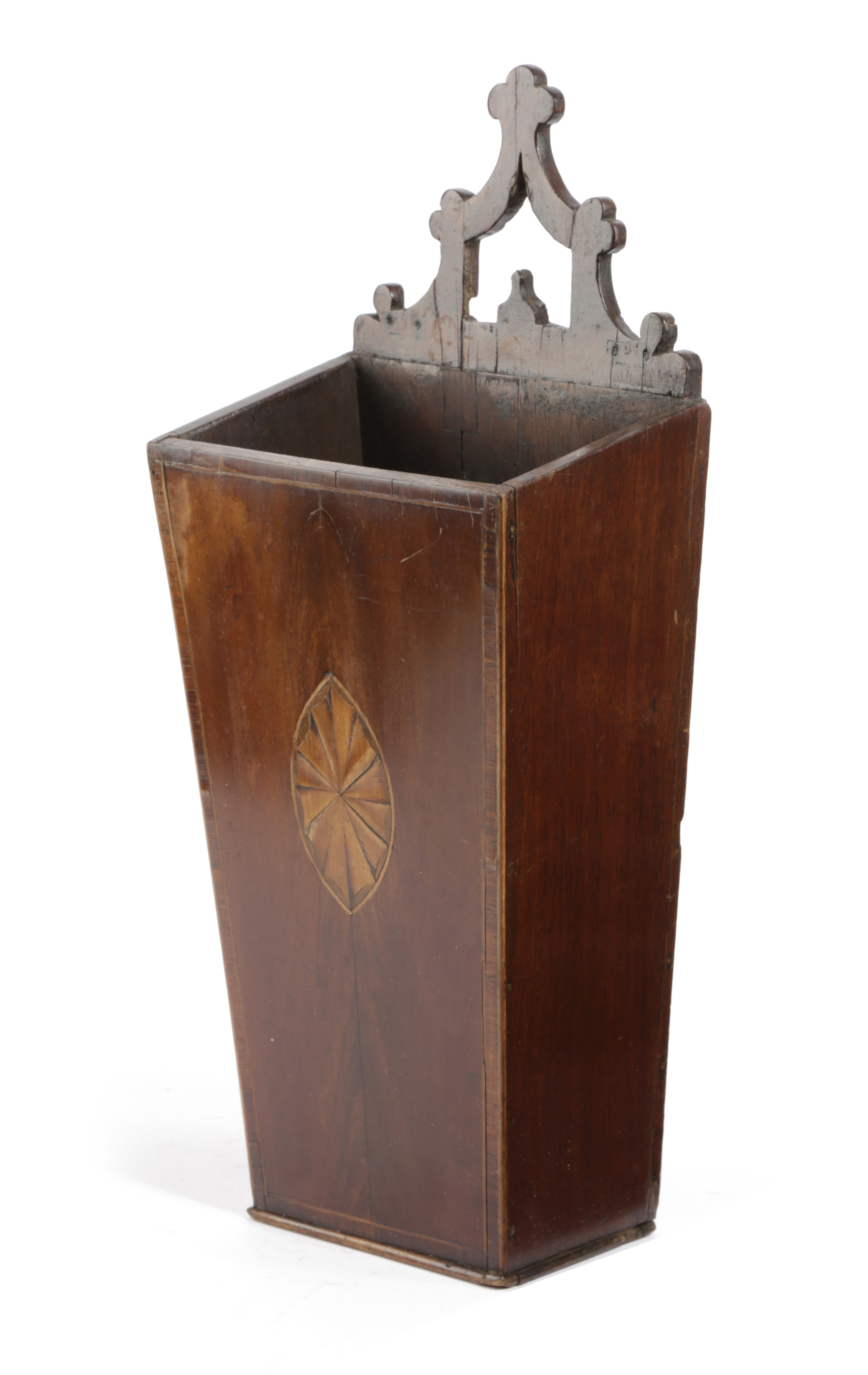 A GEORGE III MAHOGANY CANDLEBOX C.1780 of tapering form inlaid with a patera 44cm high, 17.5cm wide,