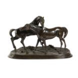 A FRENCH BRONZE EQUESTRIAN GROUP L'ACCOLADE AFTER PIERRE-JULES MENE (FRENCH 1810-1879) modelled as