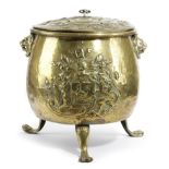 A DUTCH BRASS LOG BIN AND COVER MID-19TH CENTURY of cauldron form, embossed with an armorial crest