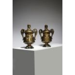 A PAIR OF FRENCH EGYPTIAN REVIVIAL GILT AND PATINATED BRONZE VASES AND COVERS LATE 19TH / EARLY 20TH