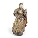A CONTINENTAL CARVED WOOD MADONNA AND CHILD POSSIBLY SPANISH, 15TH / 16TH CENTURY wearing a