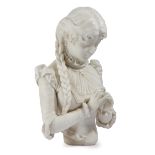 A VICTORIAN WHITE MARBLE BUST OF A YOUNG LADY LATE 19TH CENTURY carved with plaited hair, holding