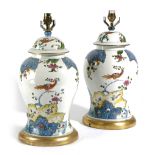 A PAIR OF STONEWARE TOBACCO LEAF TABLE LAMPS PROBABLY BY VAUGHAN, LONDON, MODERN of covered,