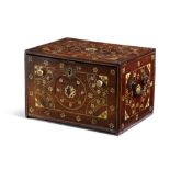 AN INDIAN HARDWOOD BONE AND IVORY TABLE CABINET 18TH CENTURY inlaid with flowerheads, the fall front