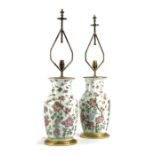 A PAIR OF CHINESE FAMILLE ROSE VASE TABLE LAMPS PROBABLY BY VAUGHAN, LONDON, MODERN of shouldered