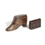 A TREEN SHOE THIMBLE HOLDER LATE 19TH CENTURY inlaid with various metals, with two thimbles;