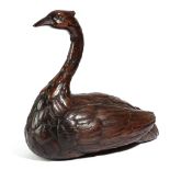 A VICTORIAN TREEN PINE TABLE SNUFF MULL LATE 19TH CENTURY carved in the form of a of swan, its wings