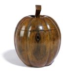A RARE TREEN FRUITWOOD TEA CADDY IN THE FORM OF A PUMPKIN OR SQUASH C.1800 with remnants of green