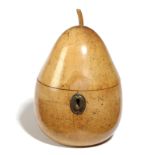 A TREEN FRUITWOOD TEA CADDY IN THE FORM OF A PEAR LATE 18TH / EARLY 19TH CENTURY with a stalk finial
