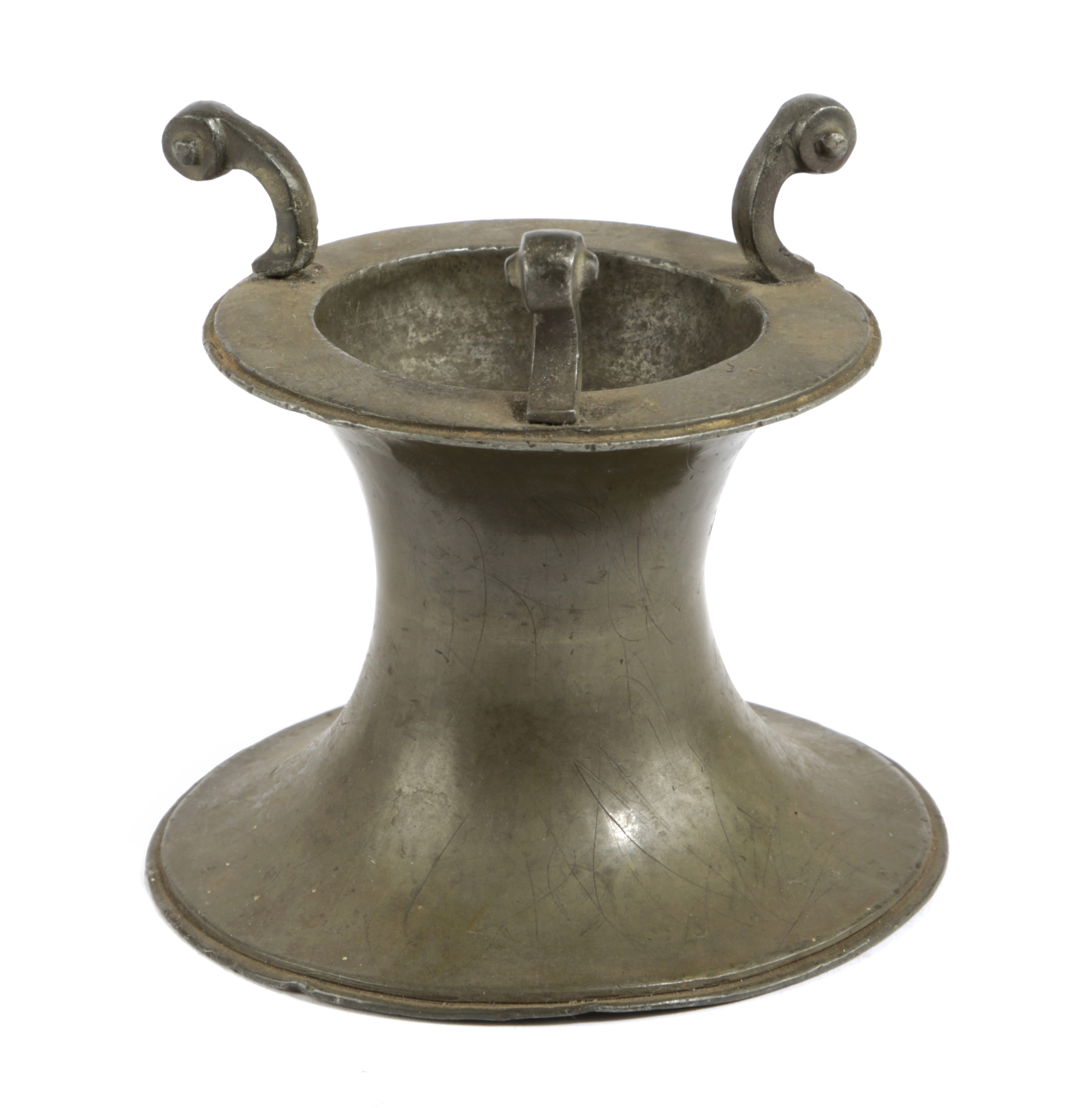 A PEWTER CAPSTAN MASTER SALT LATE 17TH / EARLY 18TH CENTURY of waisted form with three scrolling