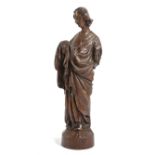 A FLEMISH OAK FIGURE OF A LADY 17TH CENTURY carved standing in draped robes, on a later circular