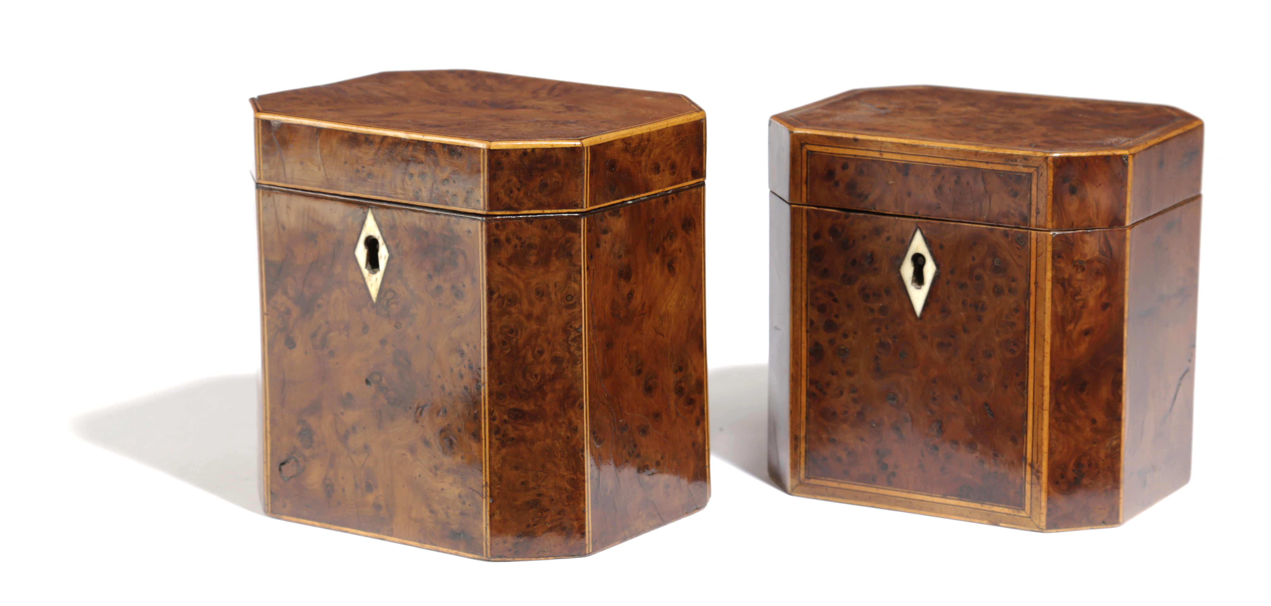 A GEORGE III BURR WALNUT TEA CADDY LATE 18TH CENTURY of canted rectangular form with a bone