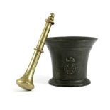 A BRONZE MORTAR LATE 17TH CENTURY with crowned rondel and banded decoration; together with a brass
