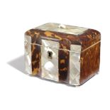 A REGENCY TORTOISESHELL AND MOTHER OF PEARL TEA CADDY EARLY 19TH CENTURY of shaped rectangular form,