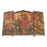 AN INDIAN THREE SECTION SCREEN 19TH CENTURY of ogee form, oil on canvas with a man riding in a