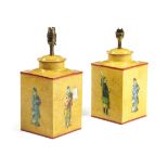 A PAIR OF TOLE STYLE TIN LAMPS 20TH CENTURY of square section, with decoupage decoration of