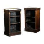 A PAIR OF REGENCY ROSEWOOD AND BRASS OPEN BOOKCASES EARLY 19TH CENTURY each with a white marble