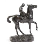 A BRONZE EQUESTRIAN GROUP IN THE MANNER OF JOHN SKEAPING, 20TH CENTURY modelled as a race horse with